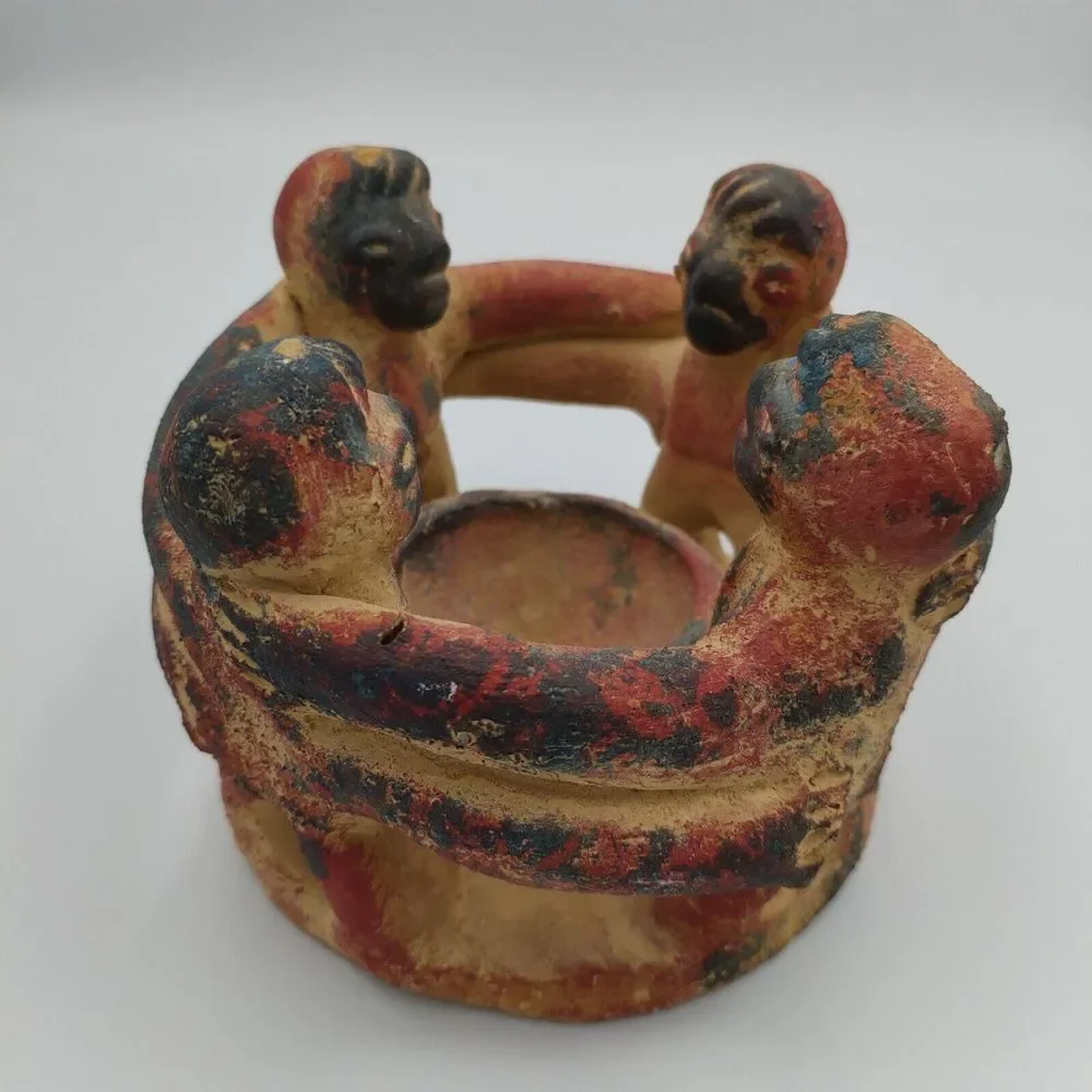 Pottery People Friends Holding Arms Circle Candle Holder Votive Tea Light Tribal